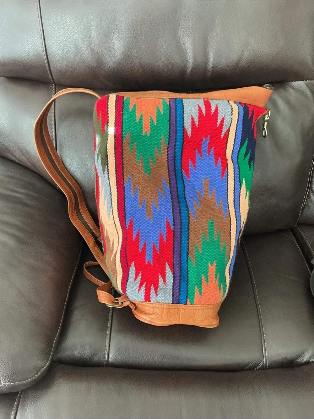 Kilim Style Southwestern Woven Backpack Sling Bag with Tan Leather Trim